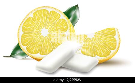 Citrus chewing gum. Bubble gum with lemon flavor. Chewing pads with fresh ripe lemon, oral health product, realistic advertising poster. Isolated 3d v Stock Vector