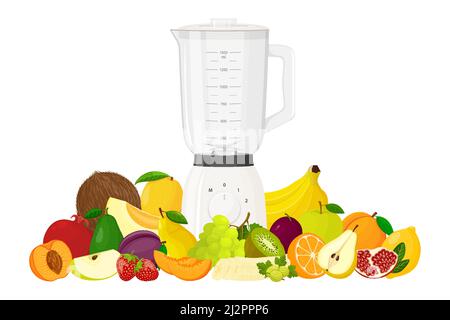 Juicer blender. Kitchen blender with set of fruits, bananas, oranges, kiwi, peach, grapes, strawberry, apple, mango, pear, avocado, isolated vector il Stock Vector