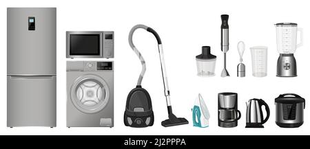 A set of household appliances: microwave oven, washing machine, refrigerator, vacuum cleaner, multi cooker, food processor, blender, iron. Realistic 3 Stock Vector