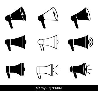 Megaphones icons. Speaker Sign Set. Circle button. Vector outline icon, isolated on white background Stock Vector