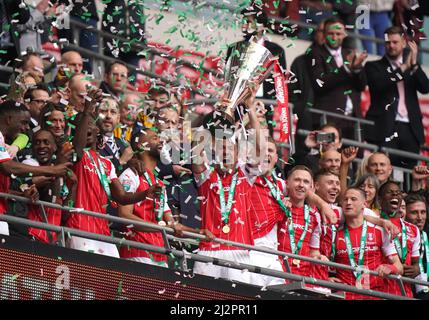 Rotherham United's Richard Wood lifts the trophy following the Papa John's Trophy final at Wembley Stadium, London. Picture date: Sunday April 3, 2021. Stock Photo