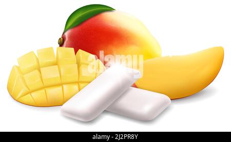 Realistic Pads of bubble gum with mango flavour. Chewing gums for healthy teeth, fresh breathing and dental hygiene. Refreshing sweet candy, 3d vector Stock Vector