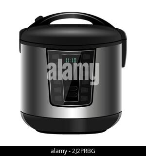 Modern metal Multicooker. Pressure cooker for cooking food under pressure. Electronic control. Kitchen household appliance isolated on white backgroun Stock Vector