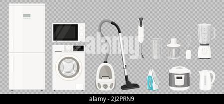 A set of household appliances: microwave oven, washing machine, refrigerator, vacuum cleaner, multi cooker, food processor, blender, iron. Realistic 3 Stock Vector