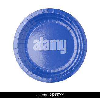 Blue disposable paper plate isolated on white. Top view. Stock Photo