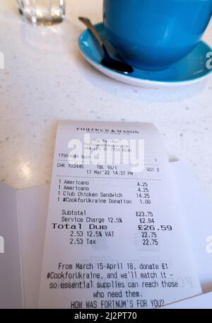 Fortnum and Mason receipt with donation for Ukraine in support of its war against Russia March 2022 Stock Photo