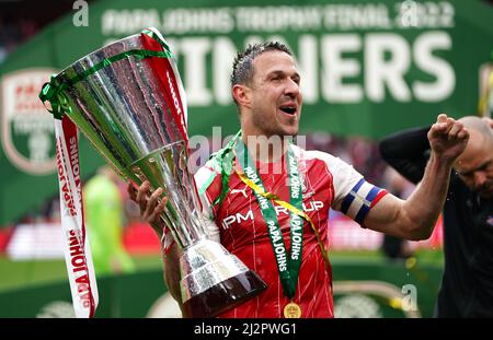 Rotherham United's Richard Wood lifts the trophy following the Papa John's Trophy final at Wembley Stadium, London. Picture date: Sunday April 3, 2021. Stock Photo