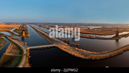 Aerial panoramas of the historic windmills of Kinderdijk, UNESCO World Heritage site, Alblasserdam, South Holland, Netherlands. Stock Photo