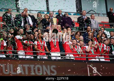 Rotherham United's Richard Wood lifts the trophy following the Papa John's Trophy final at Wembley Stadium, London. Picture date: Sunday April 3, 2021. Stock Photo