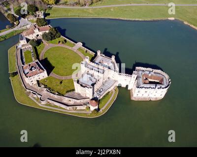 Aerial drone. Leeds Castle in Maidstone, Kent, England. It is built on islands in a lake formed by the river Len. Stock Photo