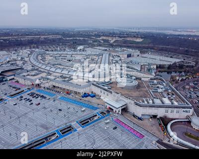 Aerial drone shot. Bluewater shopping centre near Dartford in Kent, England. Stock Photo