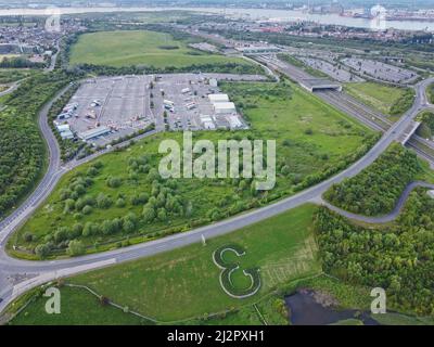 Ebbsfleet Garden City. Aerial drone view of the Inland Border Facility set up after Brexit near the International and Eurostar railway station. Stock Photo