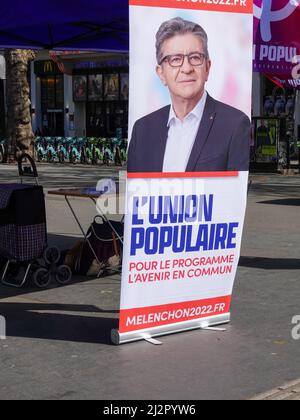 Poster for the 2022 presidential campaign of Jean-Luc Antoine Pierre Mélenchon, a leading left wing candidate. 2 April 2022, Paris, France. Stock Photo