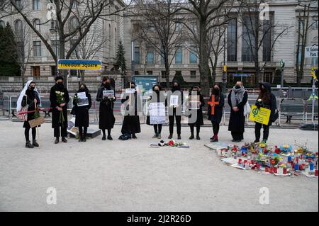 02.04.2022, Berlin, Germany, Europe - An anti-war protest by the Women in Black at the Freedom Square in front of the Russian Embassy. Stock Photo