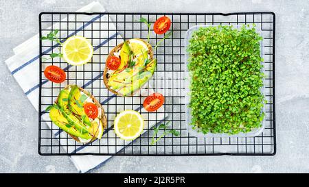 Sandwiches with avocado and microgreens in a tray on a baking rack close-up with copy space. Using microgreens as ingredients for home cooking. Recipe Stock Photo