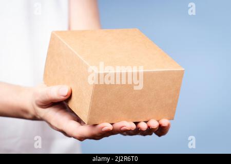 Female hands holding brown rectangular cardboard box on light blue background. Mockup parcel box. Packaging, shopping, delivery concept Stock Photo