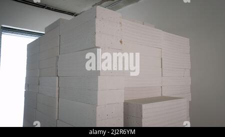 Building blocks for the construction of walls and partitions. Advertising of foam concrete blocks for building walls. Aerated concrete building blocks Stock Photo