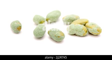 edamame beans coated in wasabi and salt snack, isolated on white background Stock Photo