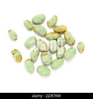 edamame beans coated in wasabi and salt snack, isolated on white background Stock Photo