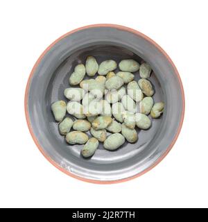 edamame beans coated in wasabi and salt snack, isolated on white background Stock Photo