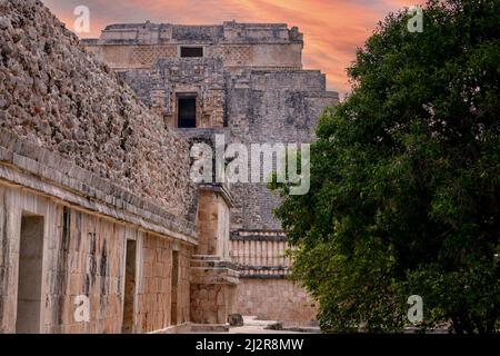 Pyramid of Magician, an ancient mayan ruins of Uxmal, famous archeological site, representative of the Puuc architectural style, in Yucatan, Mexico Stock Photo