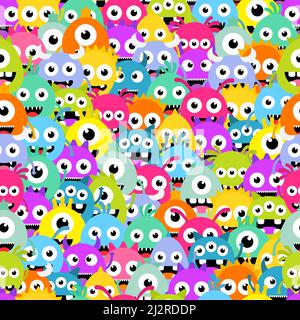 Seamless pattern cartoon cute monsters background. Halloween texture. Stock Vector