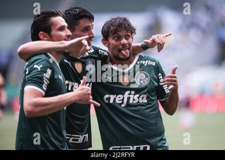 Sao Paulo, Brazil. 03rd Apr, 2022. SP - Sao Paulo - 03/04/2022 - PAULISTA  2022 FINAL, PALMEIRAS X SAO PAULO - Jogadores do Palmeiras comemoram titulo  de campeao apos partida contra o