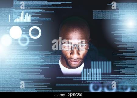 This code has too many layers. Cropped shot of a young male hacker cracking a computer code in the dark. Stock Photo