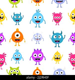 Seamless pattern cartoon cute monsters background. Halloween texture. Stock Vector