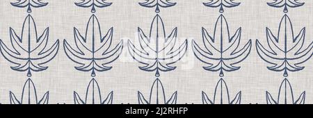 French blue botanical leaf linen seamless border with 2 tone country cottage style motif. Simple vintage rustic fabric textile effect. Primitive Stock Photo