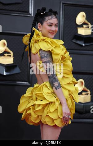 Japanese Breakfast poses on the red carpet at the 64th Annual Grammy ...