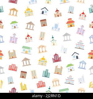 Buildings icon seamless pattern. Houses, churches, museums and universities color set. Stock Vector