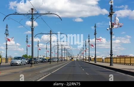 Budapest, Hungary – April 18, 2019: Margaret Bridge - three-way bridge connecting Buda and Pest across Danube and linking Margaret Island to banks in Stock Photo