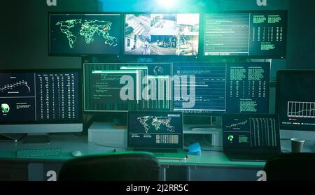 Control room monitoring surveillance video camera control city - Empty space dark room office full of screen device from secret service public safety Stock Photo