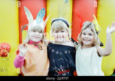 Golcar Nursery school children pictured during a Wild West fund day and barbecue, organised as a treat after they won a prize for their float at the Golcar gala, 2nd July 1992. Stock Photo