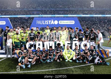 Sao Paulo, Brazil. 03rd Apr, 2022. SP - Sao Paulo - 03/04/2022 - PAULISTA  2022 FINAL, PALMEIRAS X SAO PAULO - Jogadores do Palmeiras comemoram titulo  de campeao durante cerimonia de premiacao apos vitoria contra o Sao Paulo  em partida no