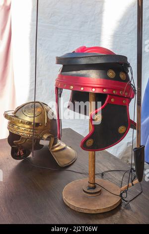 vertical view of two ancient helmets of roman soldier Stock Photo