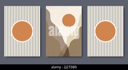 Abstract contemporary landscape posters. Modern boho background set with sun mountains and stripes Stock Vector