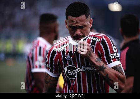 Sao Paulo, Brazil. 03rd Apr, 2022. SP - Sao Paulo - 03/04/2022 - PAULISTA  2022 FINAL, PALMEIRAS X SAO PAULO - Luciano player from Sao Paulo regrets  defeat at the end of