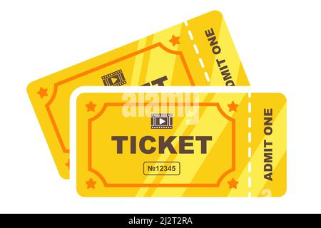 two golden tickets to the cinema. flat vector illustration isolated on white background. Stock Vector