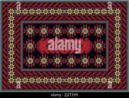 Vintage carpet in shades of red with light pink, blue and black patterns around the edges and pattern on black field in the center on a white backgrou Stock Vector