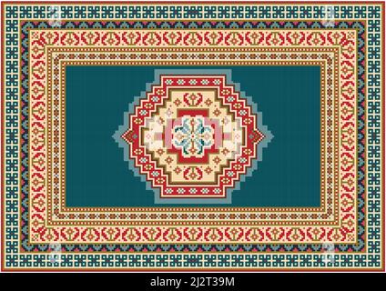 Vintage carpet in shades of blue with red, pink, bluish and beige patterns along the edges and an original pattern on a blue field in the center on a Stock Vector