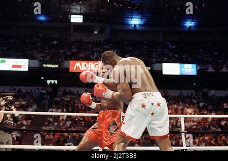 Lennox Lewis vs. Tony Tucker, billed as Star Spangled Glory, was a professional boxing match contested on May 8th, 1993 for the WBC Heavyweight Championship.Lewis won by unanimous decision. (Picture) Fight action. 8th May 1993 Stock Photo