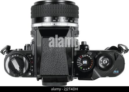 Overhead view of classic professional film camera showing the dials and film advancing lever. Stock Vector