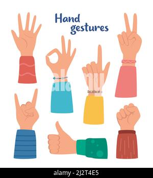 Hand gesture set. human hands showing thumbs up, pointing and greeting, OK. Various hand symbols. Interactive communication set. Vector illustration Stock Vector