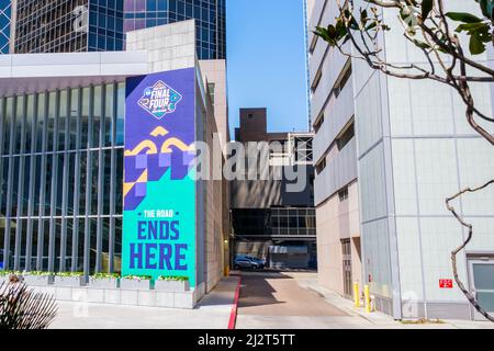 NEW ORLEANS, LA, USA - APRIL 3, 2022: NCAA Men's Final Four Basketball Banner on the side of the Hyatt Regency Hotel in the Central Business District Stock Photo