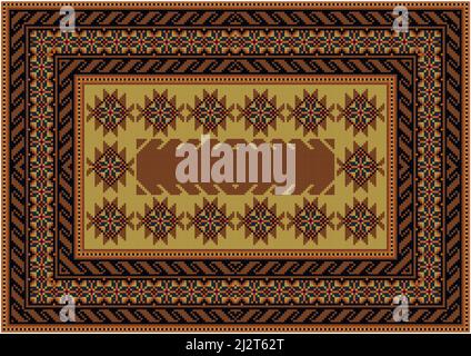 Vintage carpet in shades of brown with yellow and red, blue and black patterns around the edges and a pattern on a beige field in the center on a whit Stock Vector