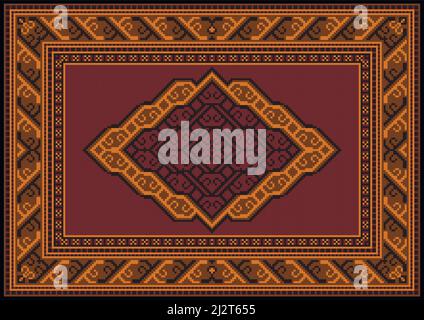 Vintage carpet in brown tones with orange and dark brown patterns around the edges and an ornament on a burgundy field in the center on a black backgr Stock Vector