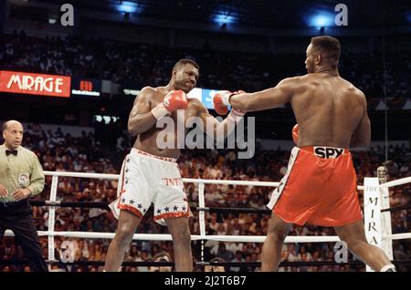 Lennox Lewis vs. Tony Tucker, billed as Star Spangled Glory, was a professional boxing match contested on May 8th, 1993 for the WBC Heavyweight Championship.Lewis won by unanimous decision. (Picture) Fight action. 8th May 1993 Stock Photo