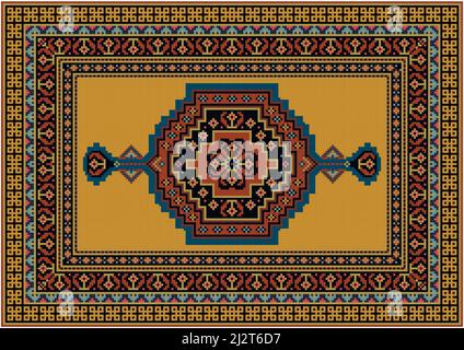 Vintage carpet in yellow tones with black, beige, pink, blue and brown patterns along the edges and an original pattern on a yellow field in the cente Stock Vector